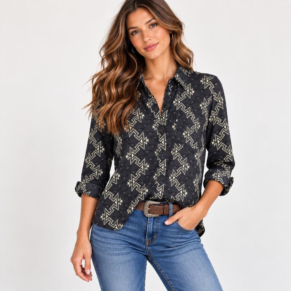 BDG Western Button-Up Shirt Women's Size S Gray Aztec Cotton Casual Cowgirl